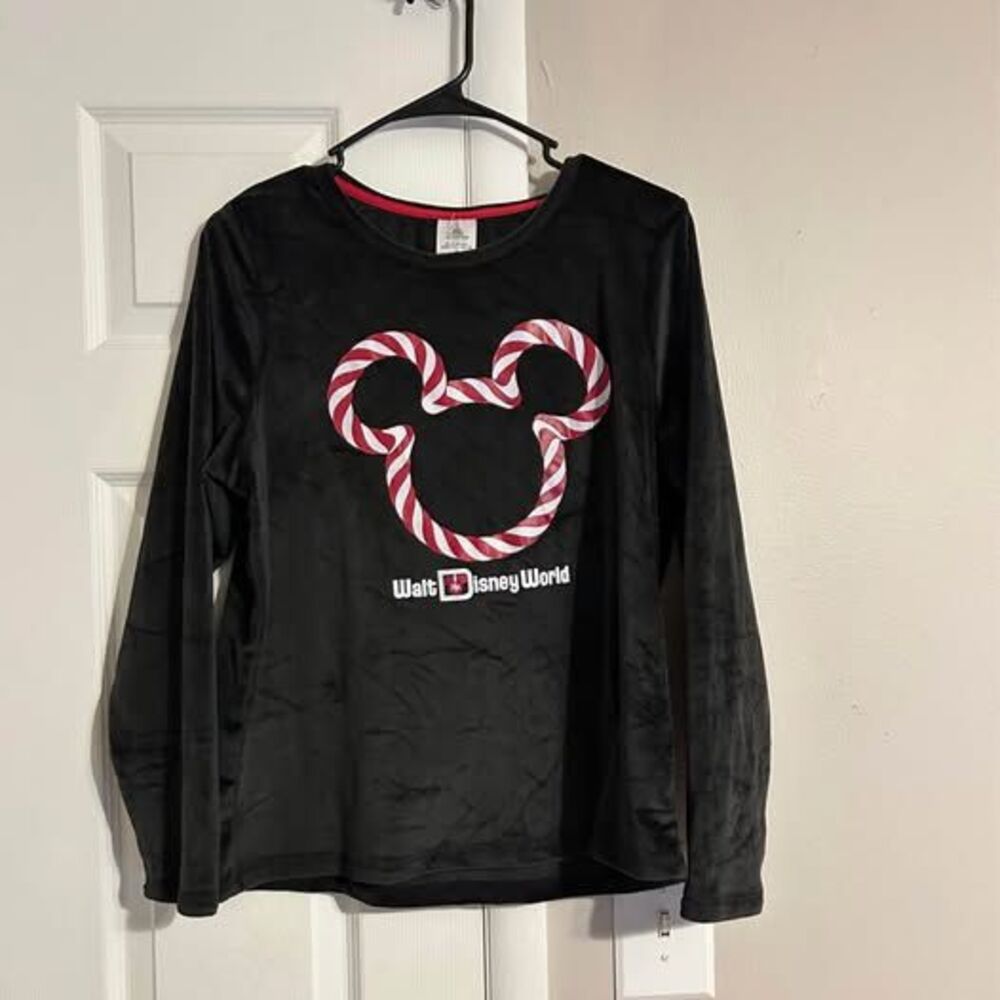 Disney Parks Womens L Mickey Candy Cane Christmas Pajama Top Black Plush WDW